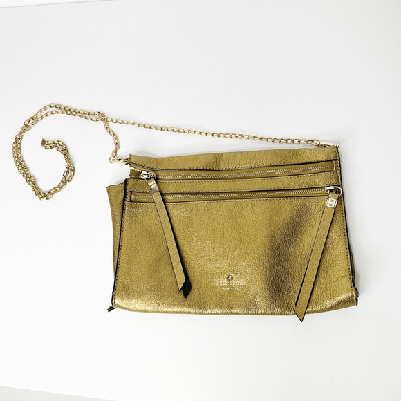 Kate Spade Social Butterfly Skyler Crossbody Clutch Antique Gold Leather zip top - Picture 2 of 6